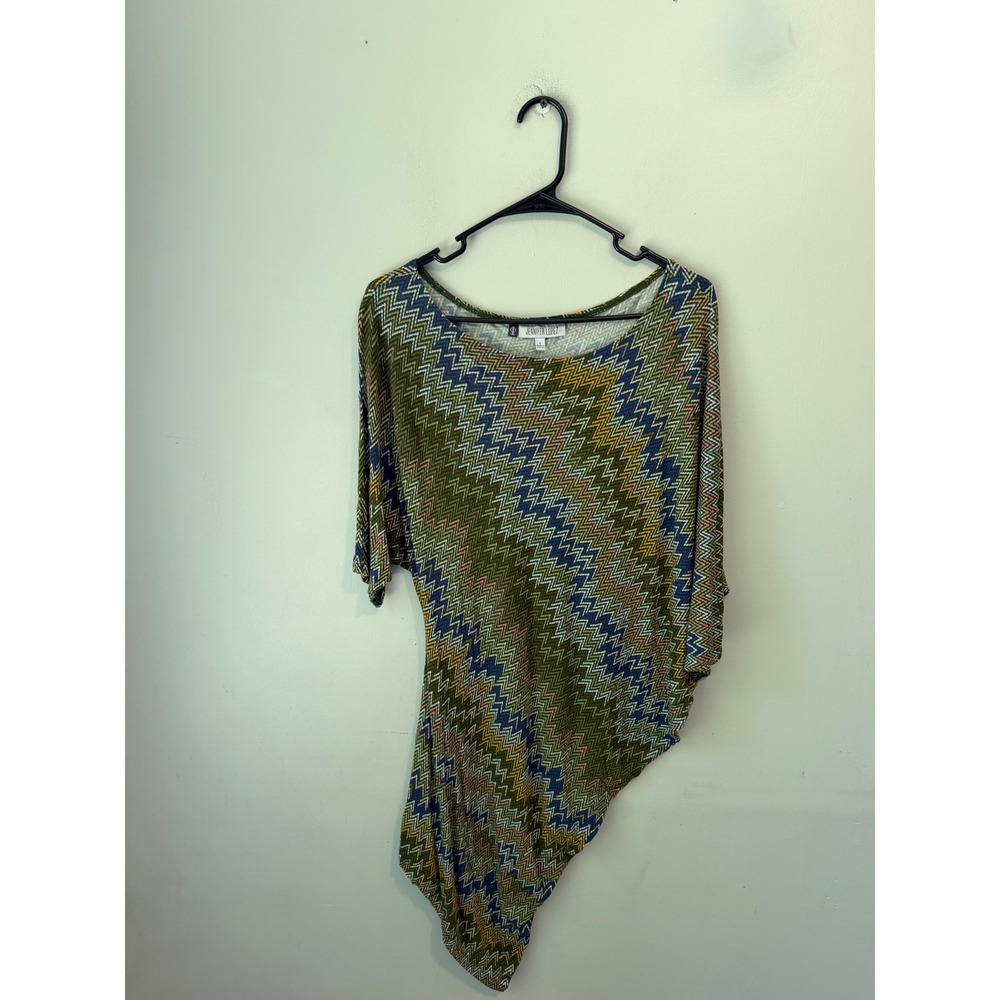 Jennifer Lopez Womens Asymmetrical Zigzag Chevron Tunic Top Green Blue Small